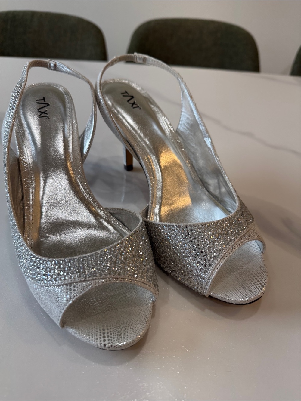 Silver Rhinestone Peep-Toe Slingback Heels by T/A/X - size 10